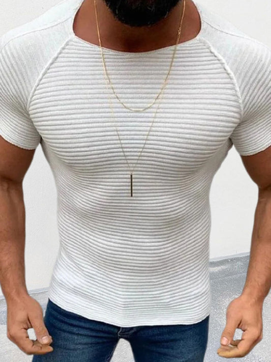 Men's new solid color slim round neck short-sleeved knitted top, 3 colors