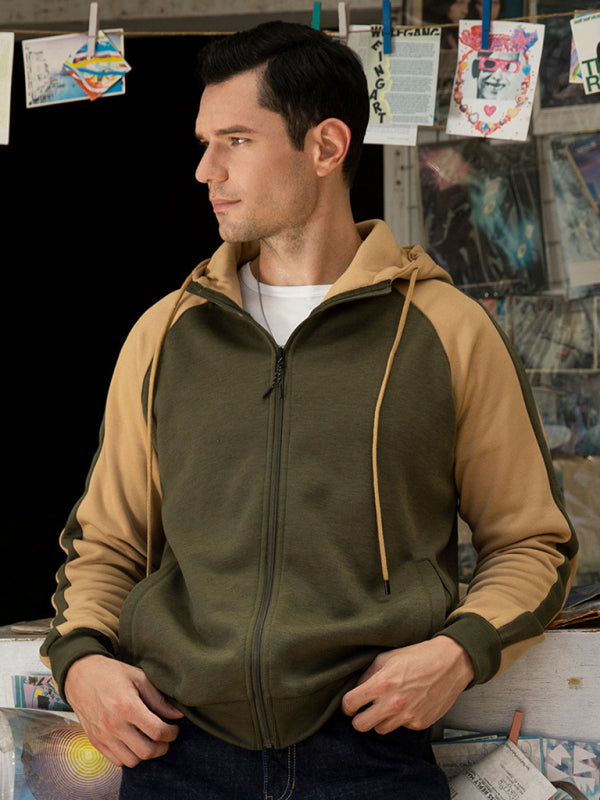 Men's casual contrasting color zipper cardigan hooded sweatshirt, 5 Colors