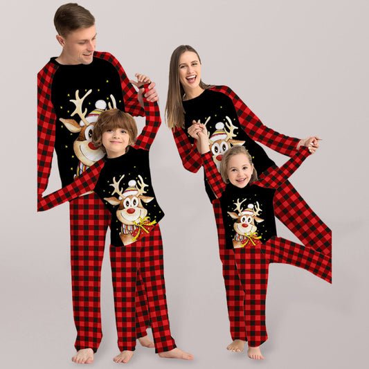 Cartoon deer plaid Christmas parent-child printed housewear pajamas, 1 pattern