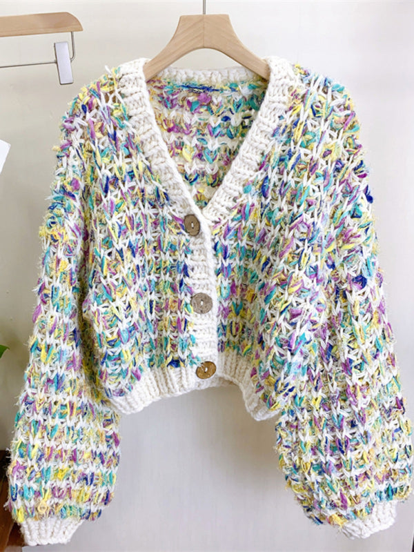 Women's Thick Knitted Colorful Hand-Knitted Sweater Jacket Lazy Style Outer Top, 1 color