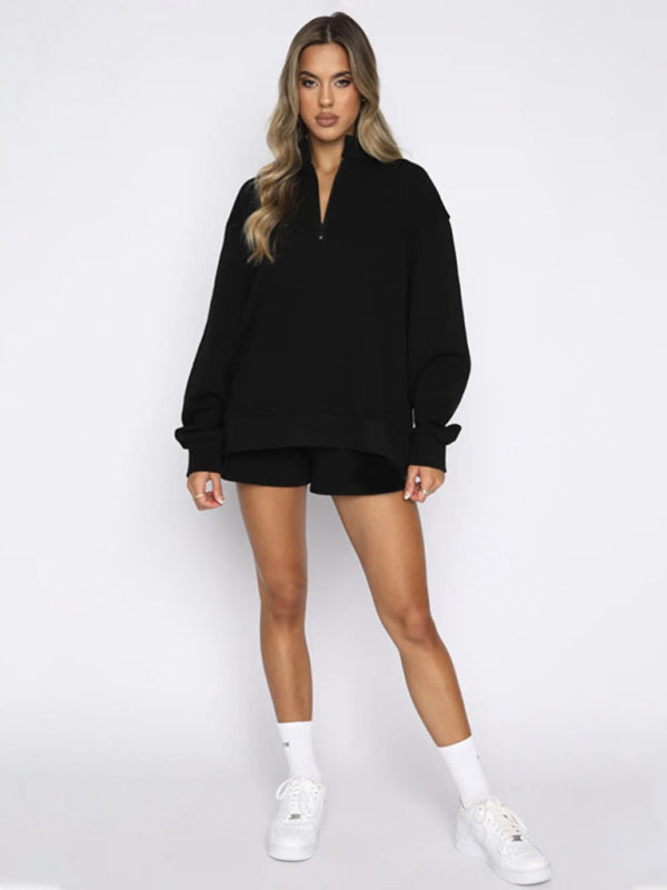 Women's New Solid Color Stand Collar Zipper Pullover Long Sleeve Sweatshirt Shorts Set, 7 colors