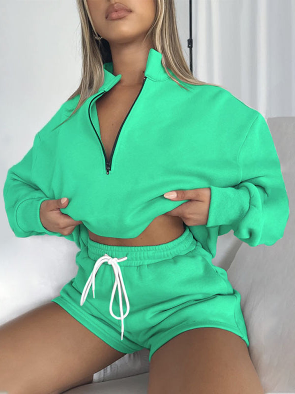 Women's New Solid Color Stand Collar Zipper Pullover Long Sleeve Sweatshirt Shorts Set, 7 colors