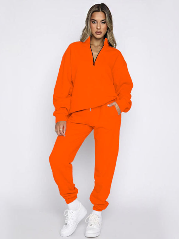 Women's new solid color stand-up collar zipper pullover long-sleeved sweatshirt and trousers suit, 7 Colors