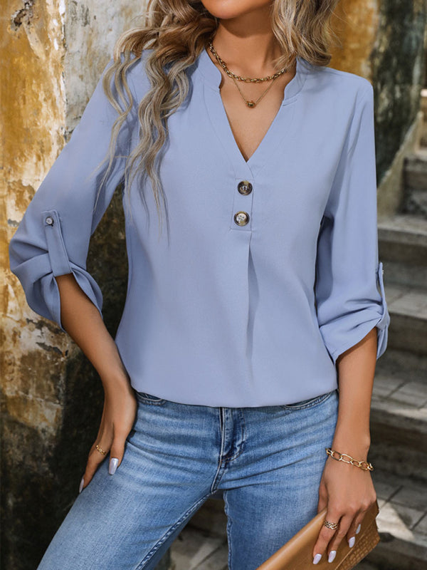 Elegant V-Neck Button-Down Pullover Shirt, 1 Color