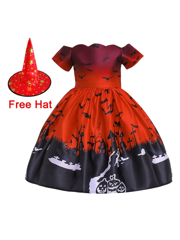 Halloween dress Halloween witch dress cartoon children's print dress, 6 patterns with or without hat